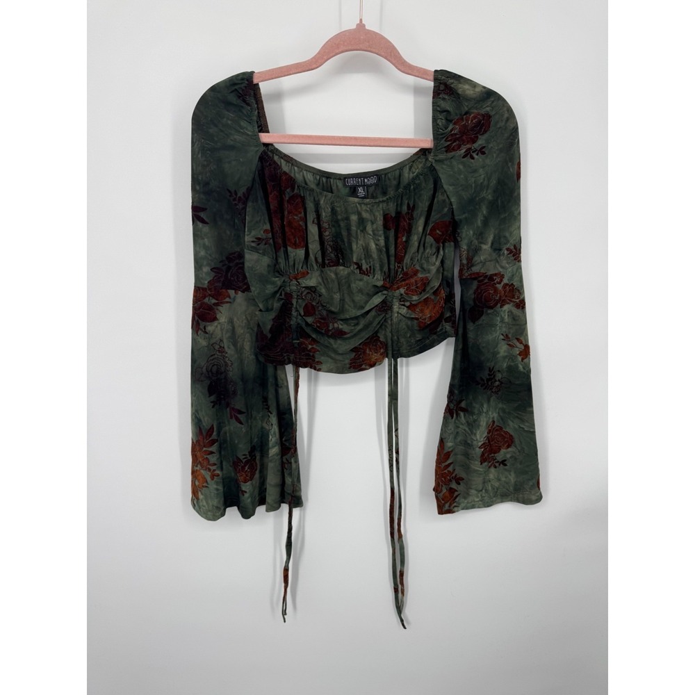 NWOT Current Mood Your Fate Long Sleeve Top Women's XL Green Flocked Floral Sexy